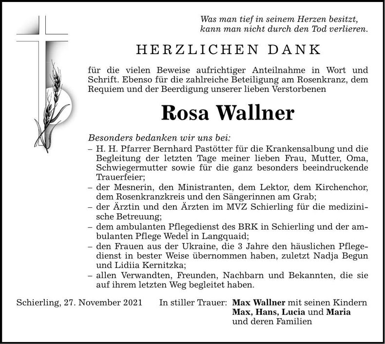 Traueranzeige Rosa Wallner