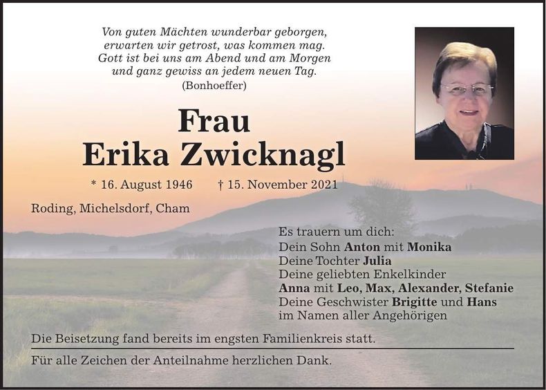 Traueranzeige Erika Zwicknagl