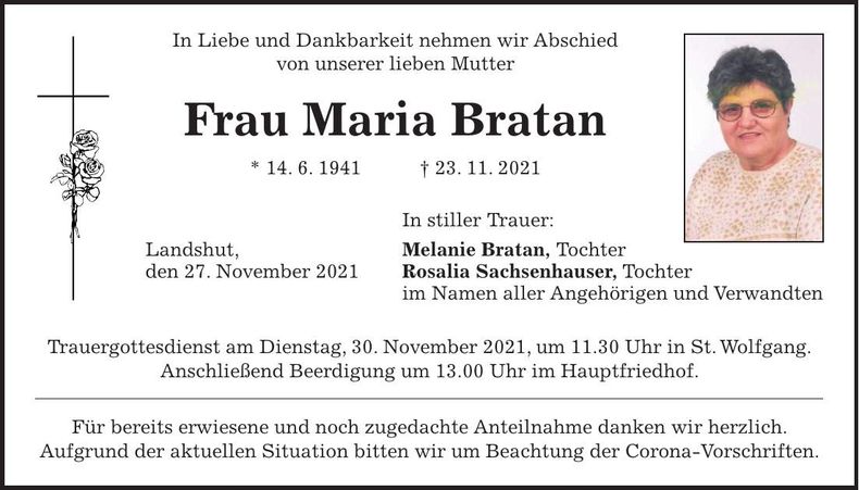 Traueranzeige Maria Bratan