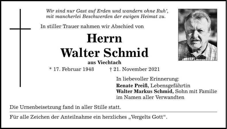Traueranzeige Schmid Walter
