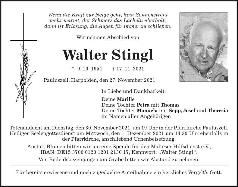 Traueranzeige Walter Stingl