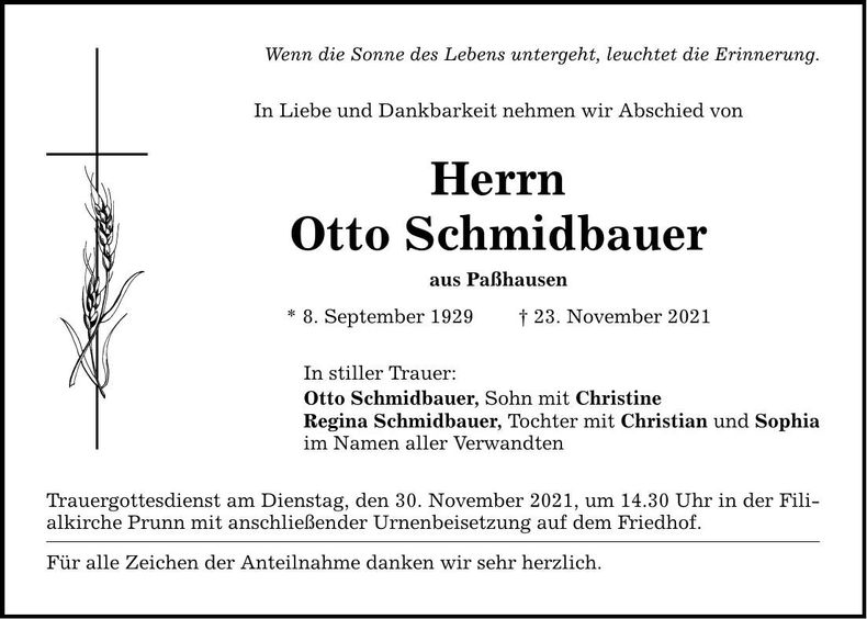 Traueranzeige Otto Schmidbauer