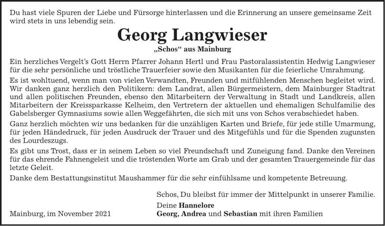 Traueranzeige Georg Langwieser