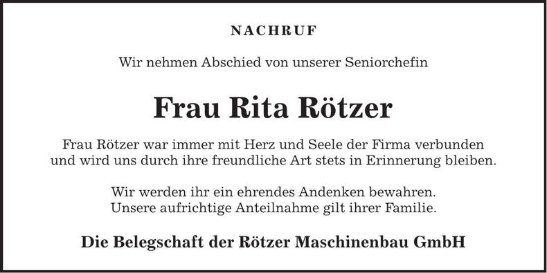Traueranzeige Rita Rötzer