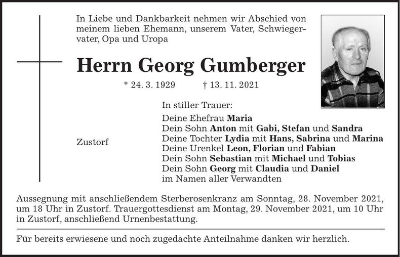 Traueranzeige Georg Gumberger