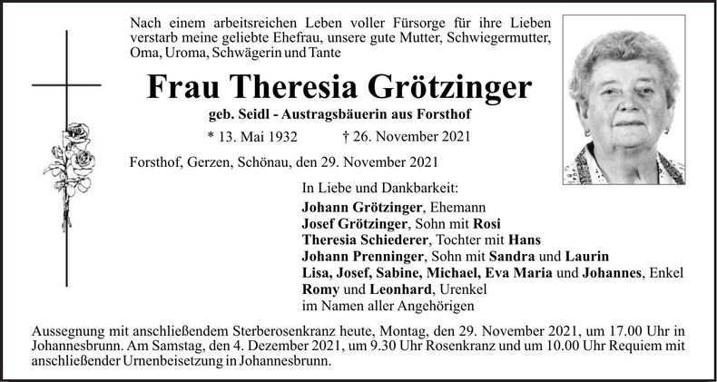 Traueranzeige Theresia Grötzinger