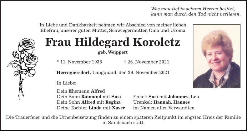 Traueranzeige Hildegard Koroletz
