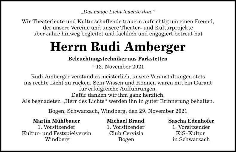 Traueranzeige Rudi Amberger