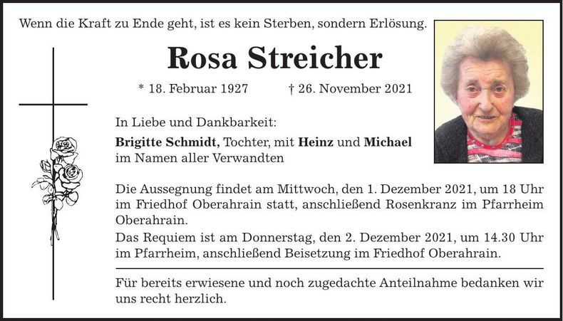 Traueranzeige Rosa Streicher
