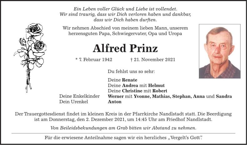 Traueranzeige Alfred Prinz