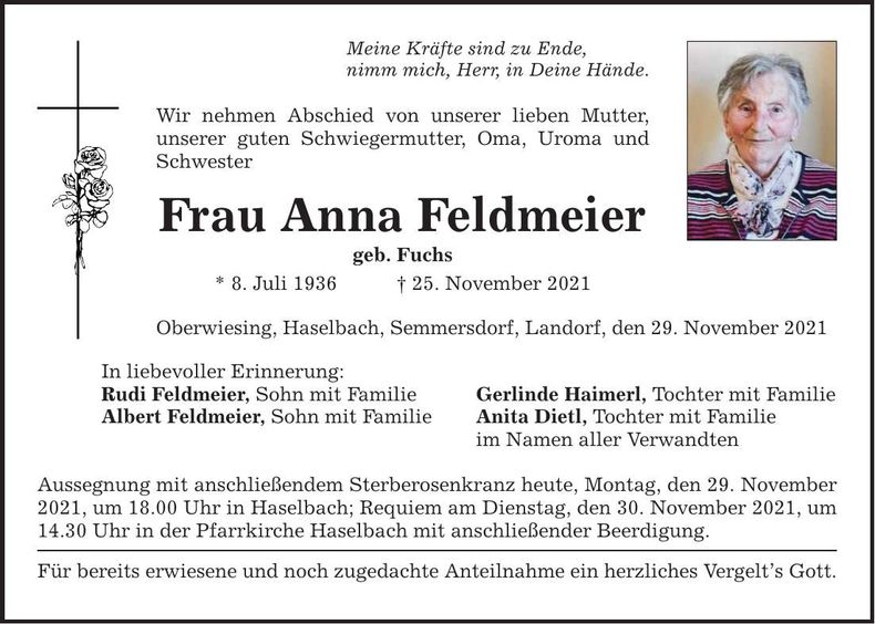 Traueranzeige Anna Feldmeier