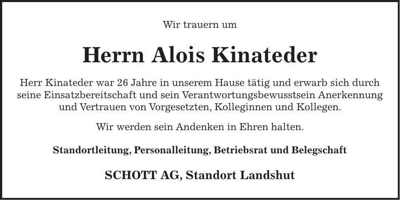 Traueranzeige Alois Kinateder