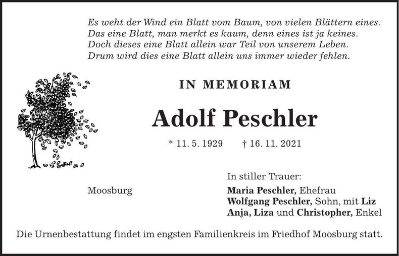 Traueranzeige Adolf Peschler