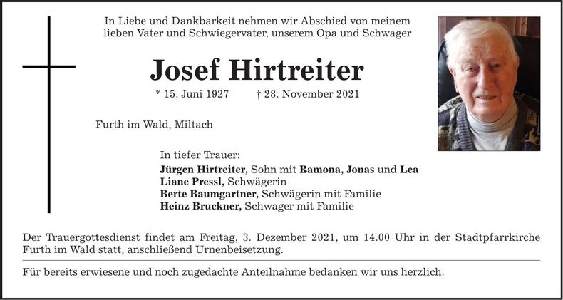 Traueranzeige Josef Hirtrreiter