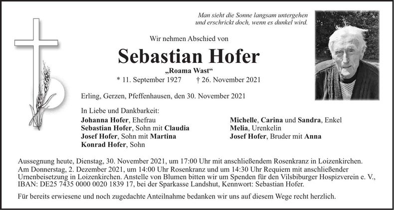Traueranzeige Sebastian Hofer