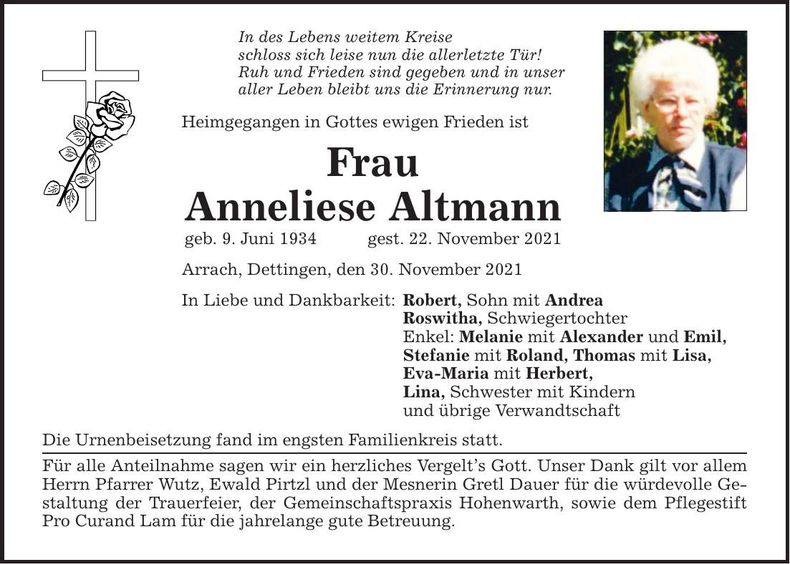 Traueranzeige Anneliese Altmann