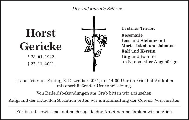 Traueranzeige Horst Gericke