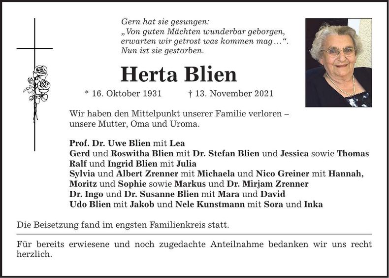 Traueranzeige Herta Blien