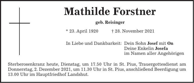 Traueranzeige Mathilde Forstner