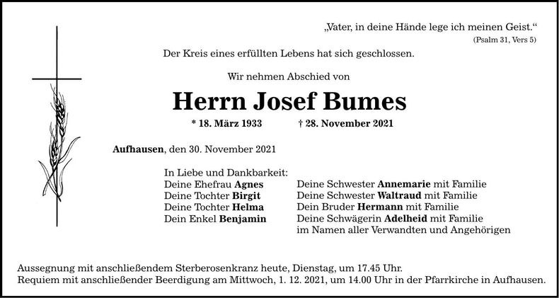 Traueranzeige Josef Bumes