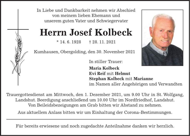Traueranzeige Josef Kolbeck