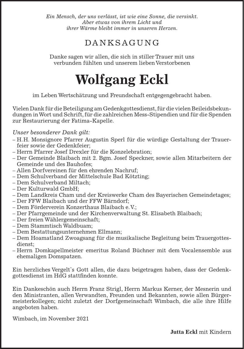 Traueranzeige Wolfgang Eckl