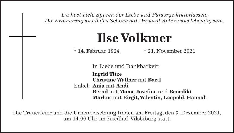 Traueranzeige Ilse Volkmer