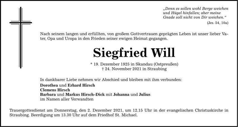 Traueranzeige Siegfried Will