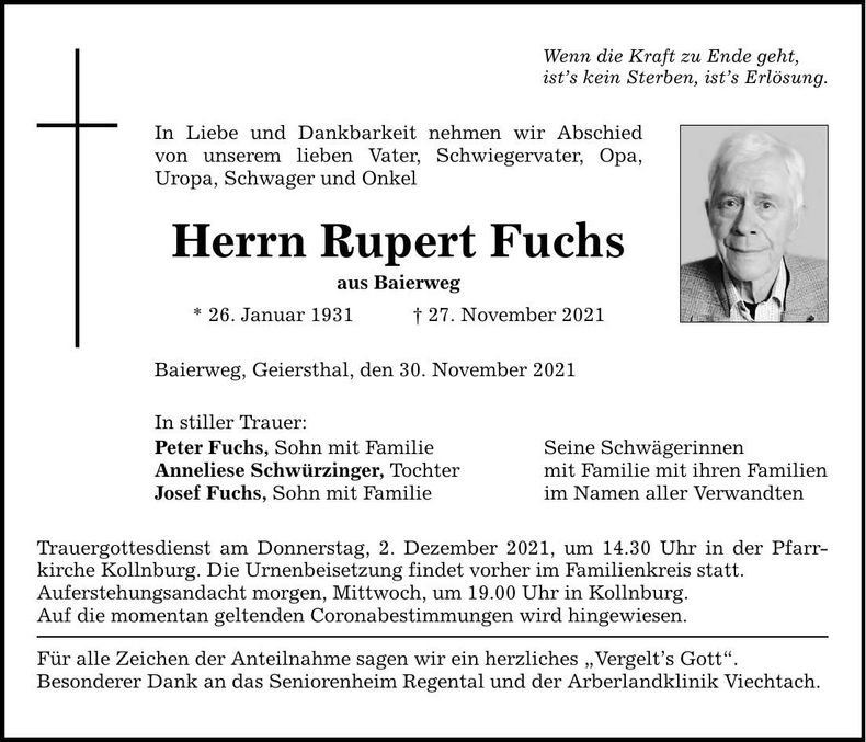 Traueranzeige Rupert Fuchs