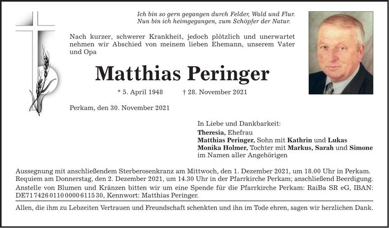 Traueranzeige Matthias Peringer