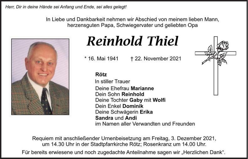 Traueranzeige Reinhold Thiel