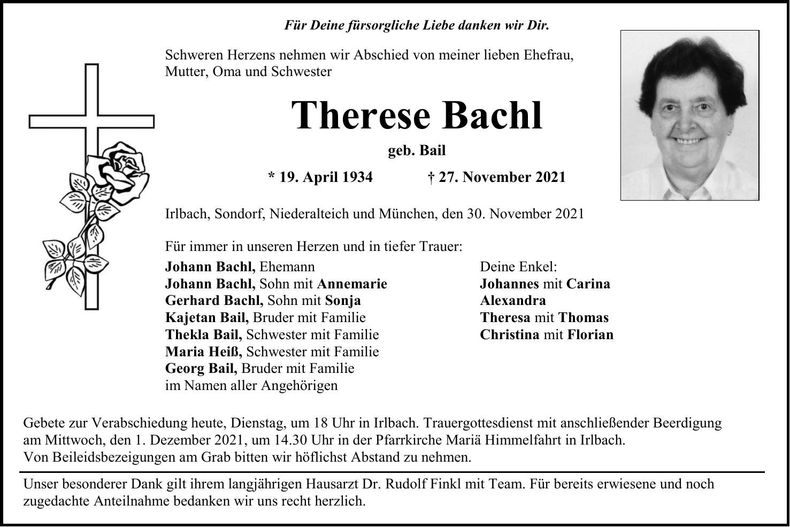 Traueranzeige Therese Bachl