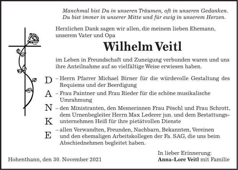 Traueranzeige Wilhelm Veitl