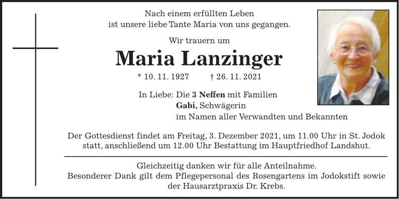 Traueranzeige Maria Lanzinger