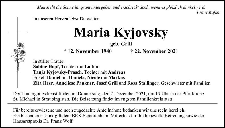 Traueranzeige Maria Kyjovsky