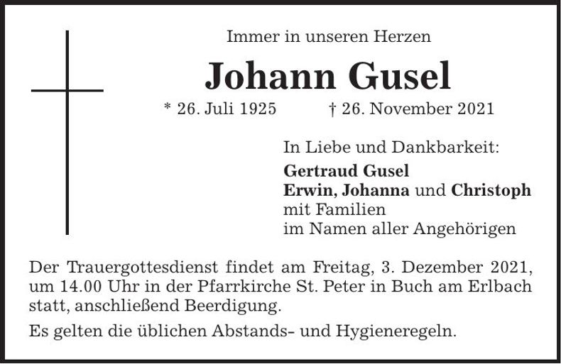 Traueranzeige Johann Gusel