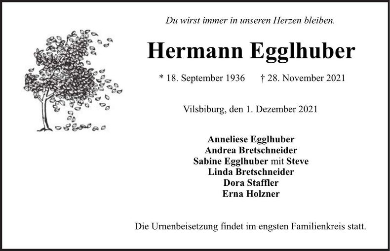 Traueranzeige Hermann Egglhuber