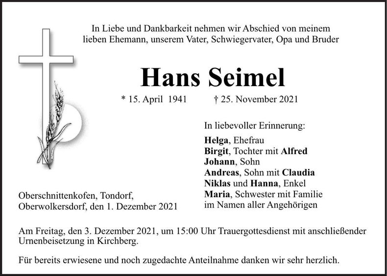 Traueranzeige Hans Seimel