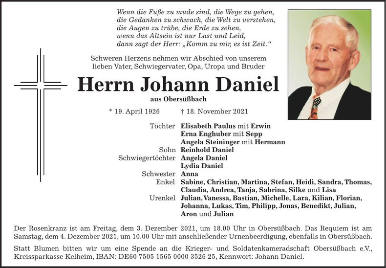 Traueranzeige Johann Daniel