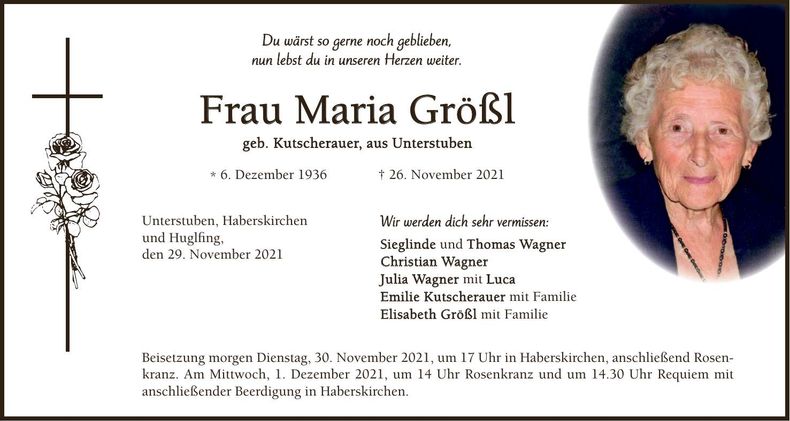 Traueranzeige Maria Größl