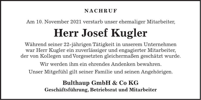 Traueranzeige Josef Kugler