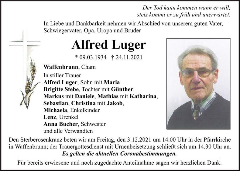Traueranzeige Alfred Luger