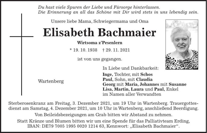 Traueranzeige Elisabeth Bachmaier