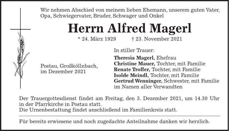 Traueranzeige Alfred Magerl
