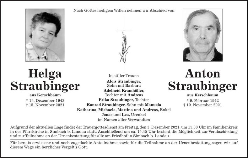 Traueranzeige Helga & Anton Straubinger