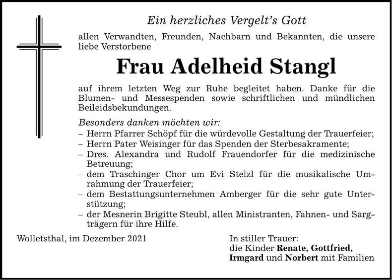 Traueranzeige Adelheid Stangl