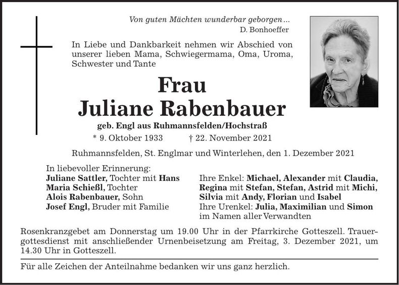 Traueranzeige Juliane Rabenbauer