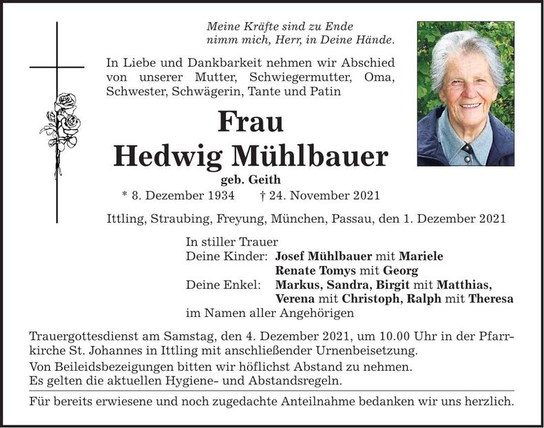 Traueranzeige Hedwig Mühlbauer