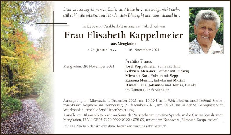 Traueranzeige Elisabeth Kappelmeier