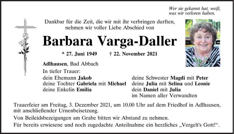 Traueranzeige Barbara Varga-Daller